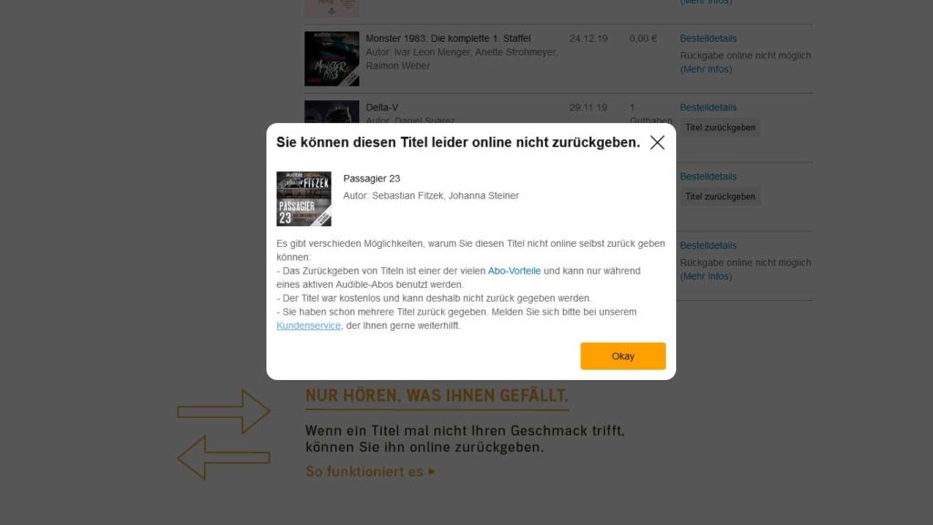 Audible Hörbuch online zurückgeben nicht möglich