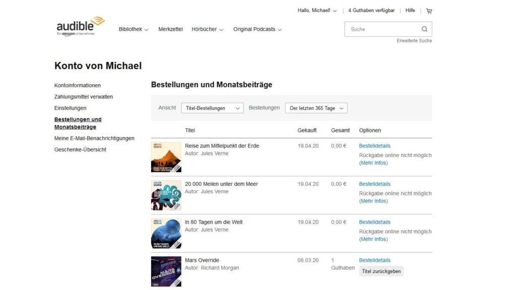Audible Hörbuch zurückgeben - Bestellungen und Monatsbeiträge