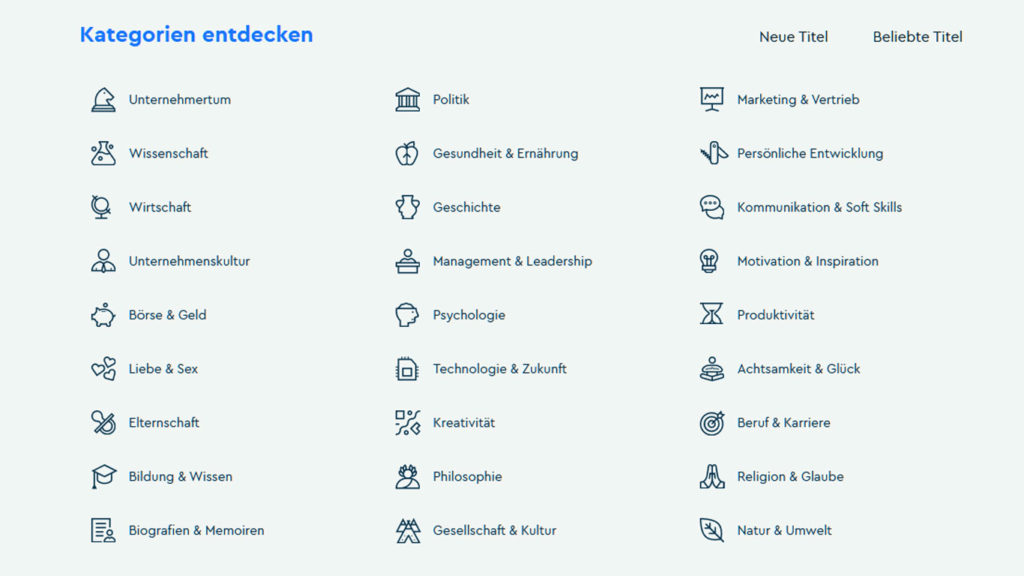 Blinkist-Kategorien-Übersicht